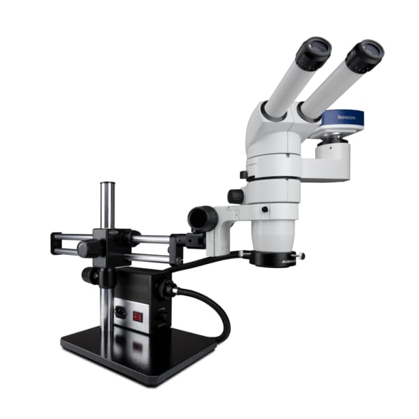 20 Degree Head Stereo Zoom Microscope, LED Ring, Camera On Dual Arm Stand